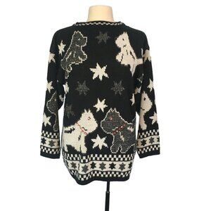 Fetagetti Vintage 80s Black White Scottish Dogs Stars Sweater, Acrylic, 44 Chest